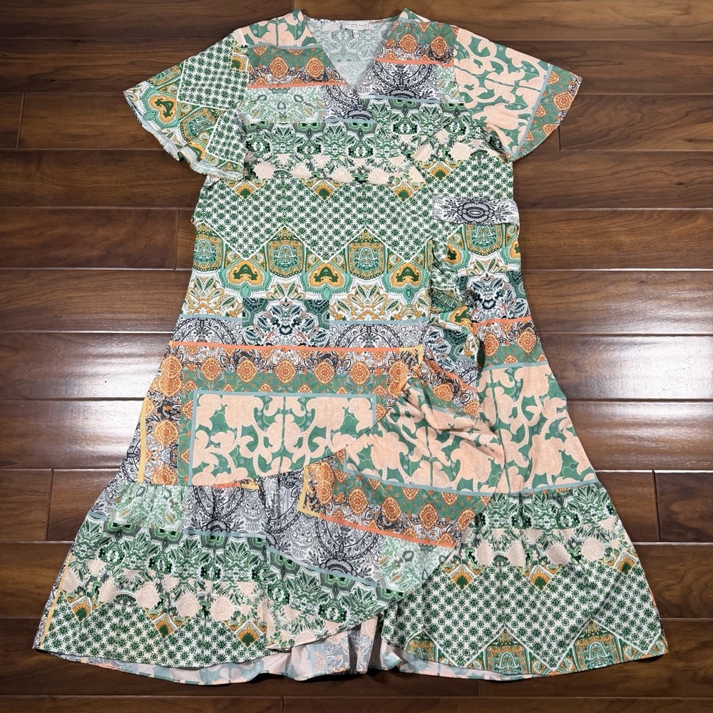 Never Fully Dressed Women's Size US 20 Green Patchwork Cordelia Tie Wrap Dress